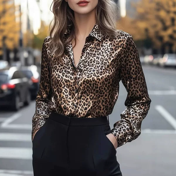 Cross-Border European and American Clothing Printed Leopard Print Shirt Amazon Independent Station Spring and Autumn Casual Loose Shirt Button Top