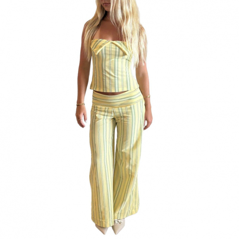 Women's Halter Neck Striped Lounge Set With Tie-Waist Top And Wide-Leg Pants | Soft Summer Loungewear_ecoleips.com