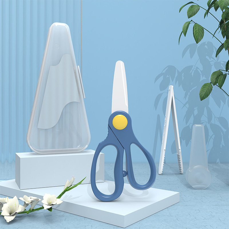 Bebé tijeras de cerámica portátil bebé suplemento de alimentos tijeras extraíbles Limpieza de alimentos tijeras con caja de suplemento de alimentos clip