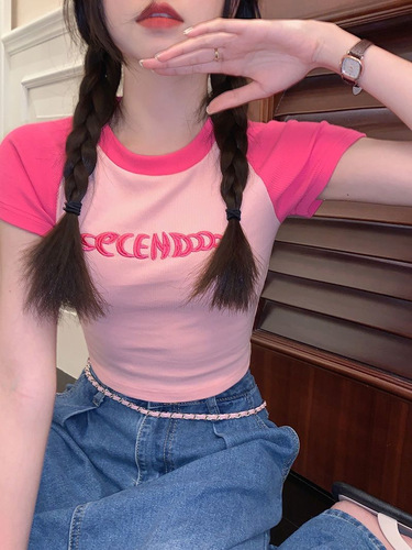 Embroidered short-sleeved T-shirt women's summer design niche slim sweet hottie navel-baring short t-shirt top ins trend