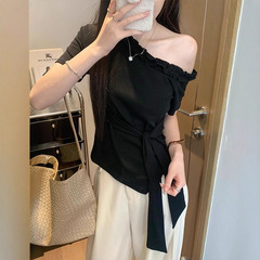 设计高级感边白色斜肩绑带短袖T恤女装夏季修身显瘦百搭辣妹上衣