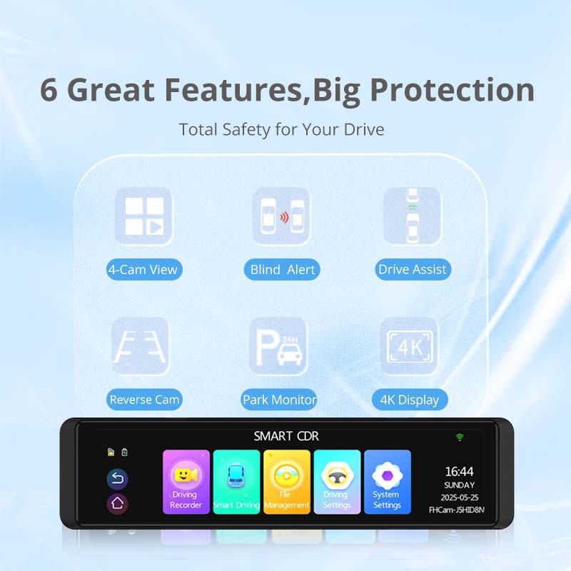 Cross-Border 12-Inch 4K Streaming Media Driving Recorder with 4-Channel Blind Spot Adas Assistance and Bsd Parking Monitoring Recorder