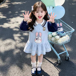 女童学院风卫衣连衣裙春秋2026长袖儿童假两件拼色卡通polo公主裙