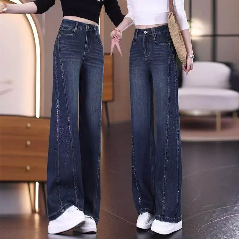 2026 Spring New High-Waisted Slimming Rhinestone Straight-Leg Pants with Draped Effect, Narrow Version, Trendy Women's Hot-Selling Stylish Wide-Leg Jeans