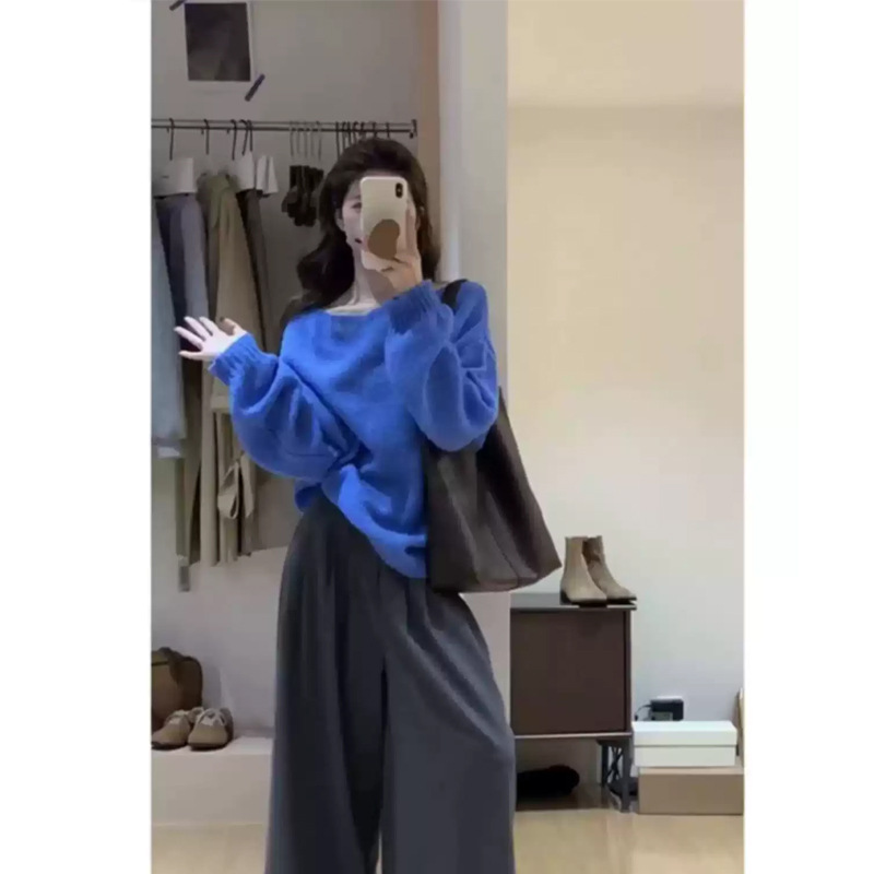클라인 블루 모헤어 스웨터 여성 가을 겨울 한국 스타일 게으른 디자인 감각 느슨한 풀오버 어퍼 옷