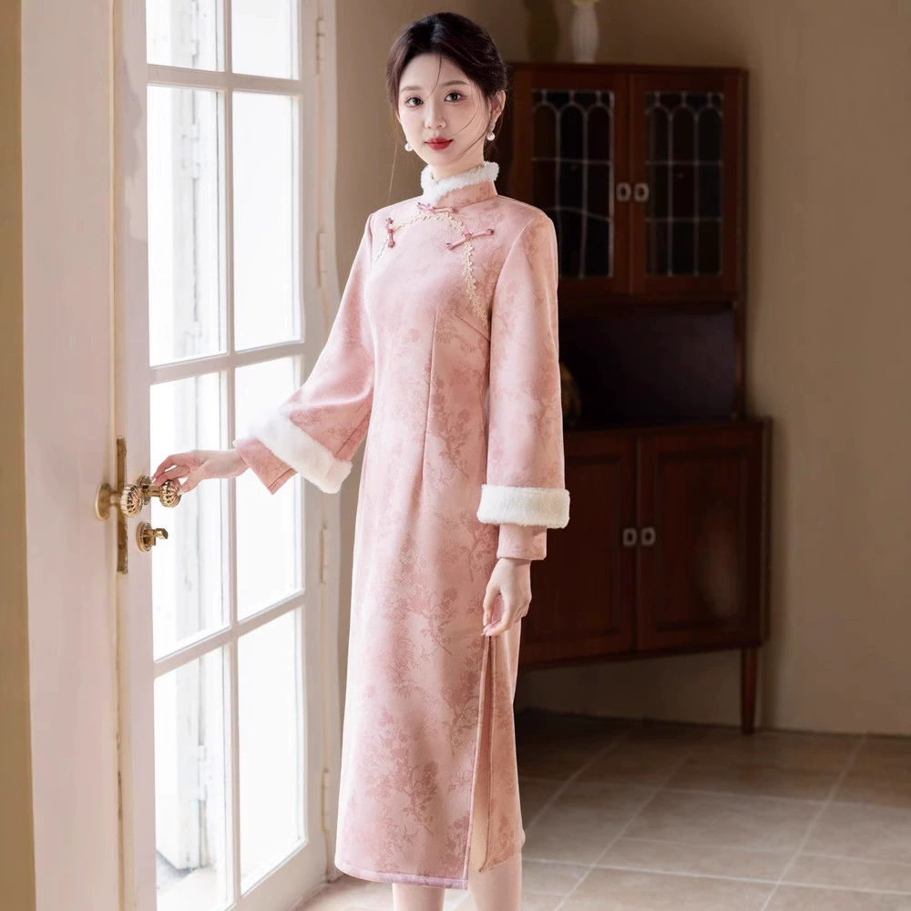 Bei Чжиюн розовый и элегантный женский поклонник теплый плюшевый воротник чонсам зимой 2024 новый плюшевый новый новый китайский стиль