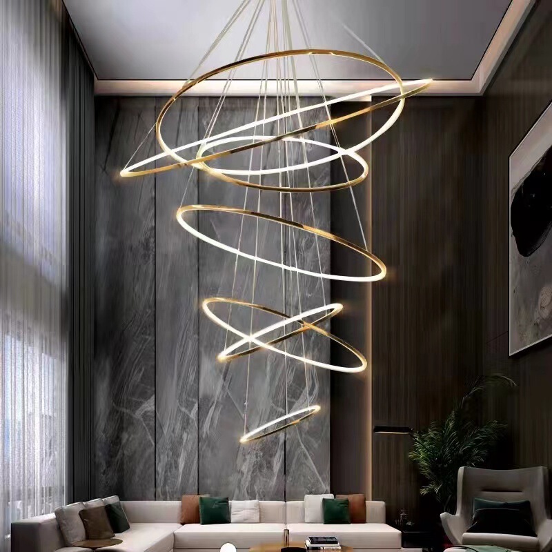 Duplex Building Living Room Large Chandelier Stainless Steel Light Luxury Simple Villa loft Apartment Leaping Floor Staircase Circular Ring Lamp Duplex Building Living Room Large Chandelier Stainless Steel Light Luxury Simple Villa loft Apartment Leaping Floor Staircase Circular Ring Lamp