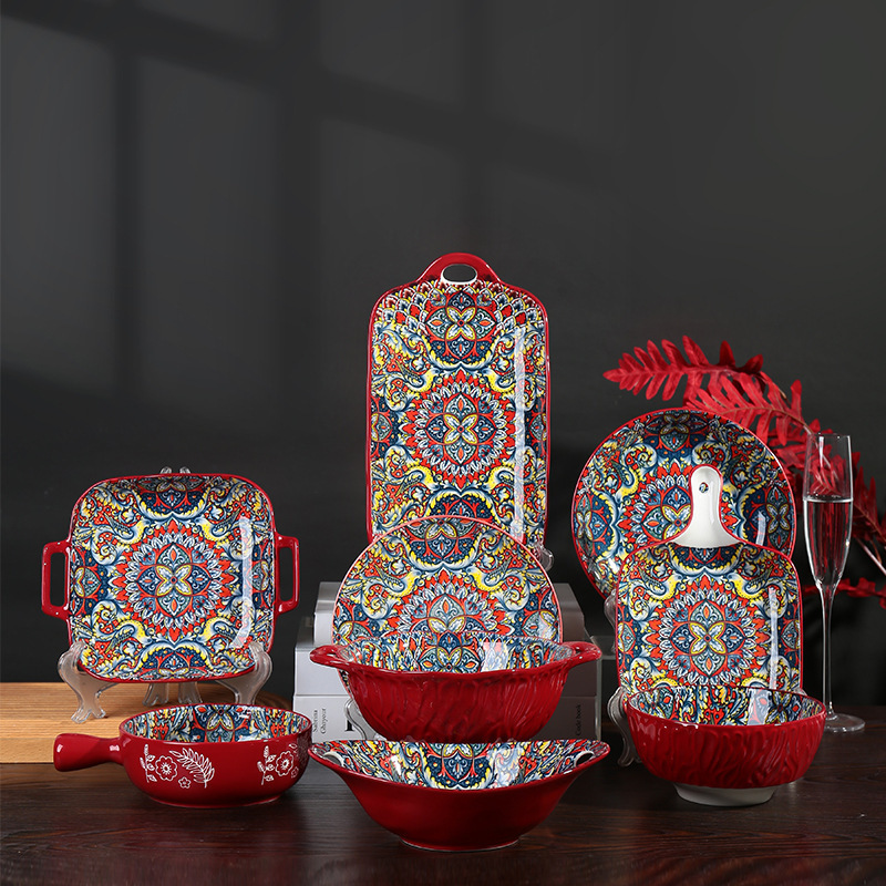 Bohemian Style Bowls and Plates, Double-Eared Square Plates, High-Quality Underglaze Colored Ceramic Tableware Set, Bowls and Plates Wholesale