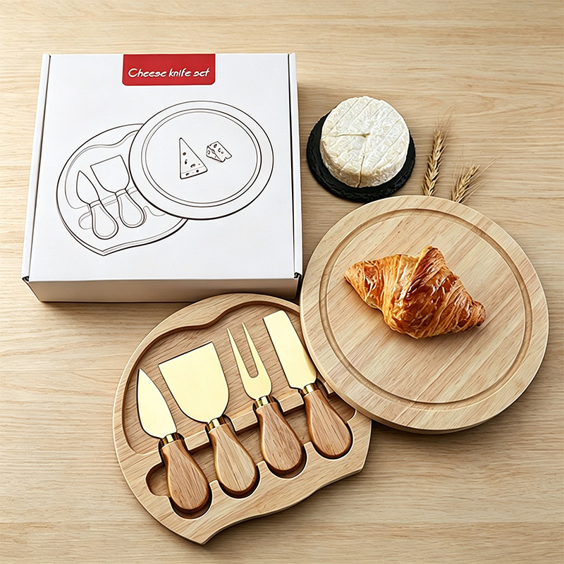 Caja de madera redonda de goma transfronteriza cuchillo de queso pizzeria pan snack platos de comidas occidentales cuchillo de queso conjunto bandeja