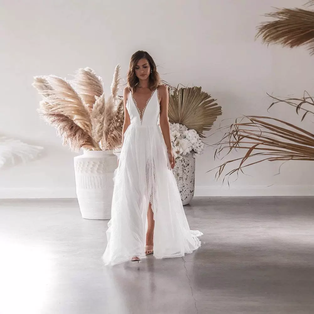 2025亚马逊欧美跨境外贸婚纱礼深V性感吊带开叉连衣裙婚纱晚礼服