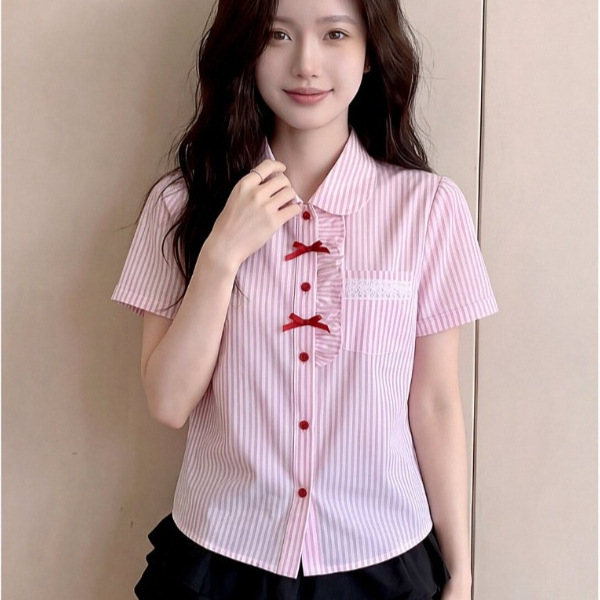 College Style Jk Summer New Pink Striped Doll Collar Shirt for Petite Girls, Sweet and Cute Blouse Top College Style Jk Summer New Pink Striped Doll Collar Shirt for Petite Girls, Sweet and Cute Blouse Top