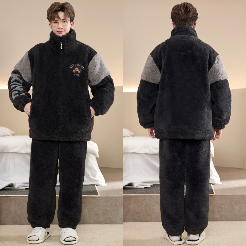 2025 Plus Size Zipper Cartoon Pajamas Men's Winter Thickeneded Coral Velvet Winter Student Home Wear Set