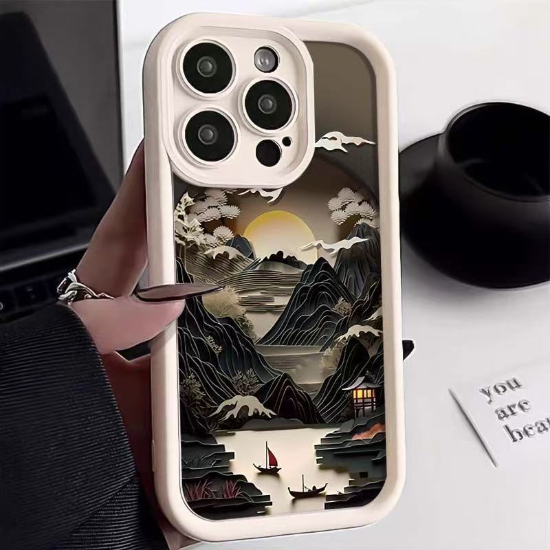 Pintura de montaña y mar para iPhone 16pro funda para teléfono móvil Apple 15 anti-caída 14 transfronterizo 13promax nuevo 12/11