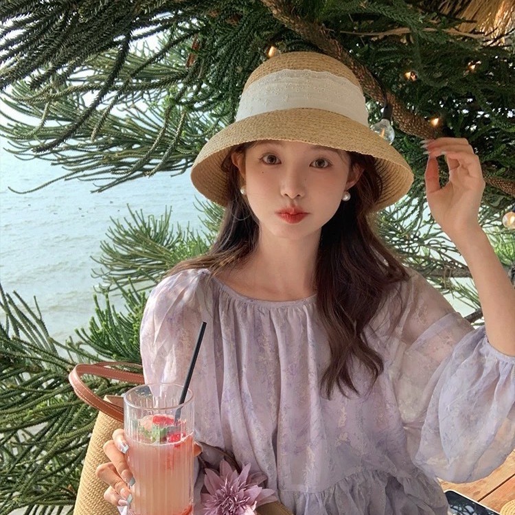 Hepburn Style Raffia Straw Hat For Beach Sun Protection Women_voghion.com