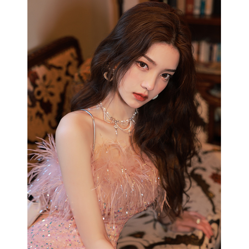 Đầm dạ hội nữ phong cách Pháp, thiết kế ôm eo đuôi cá, hở vai, đính kim cương — Màu như hình
