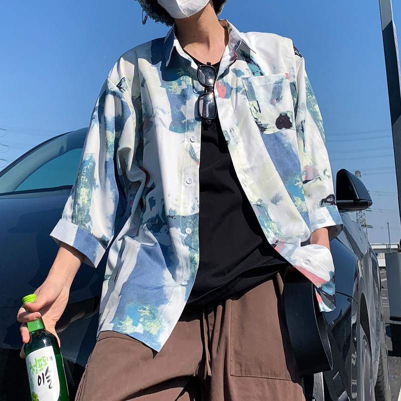 Ink Tie-Dye Shirt Short-Sleeved Men's Summer Hawaiian Style Beach Vacation Ice Silk Quick-Drying Loose Casual Three-Quarter Sleeves