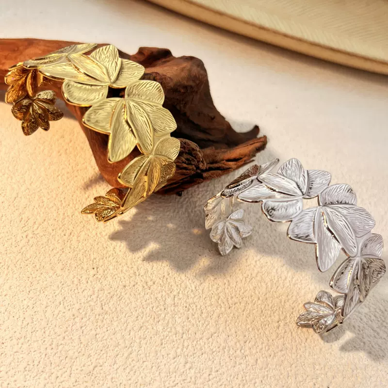 跨境热销不锈钢开口油压手镯欧美女式时尚臂环镀18K真金钛钢手环