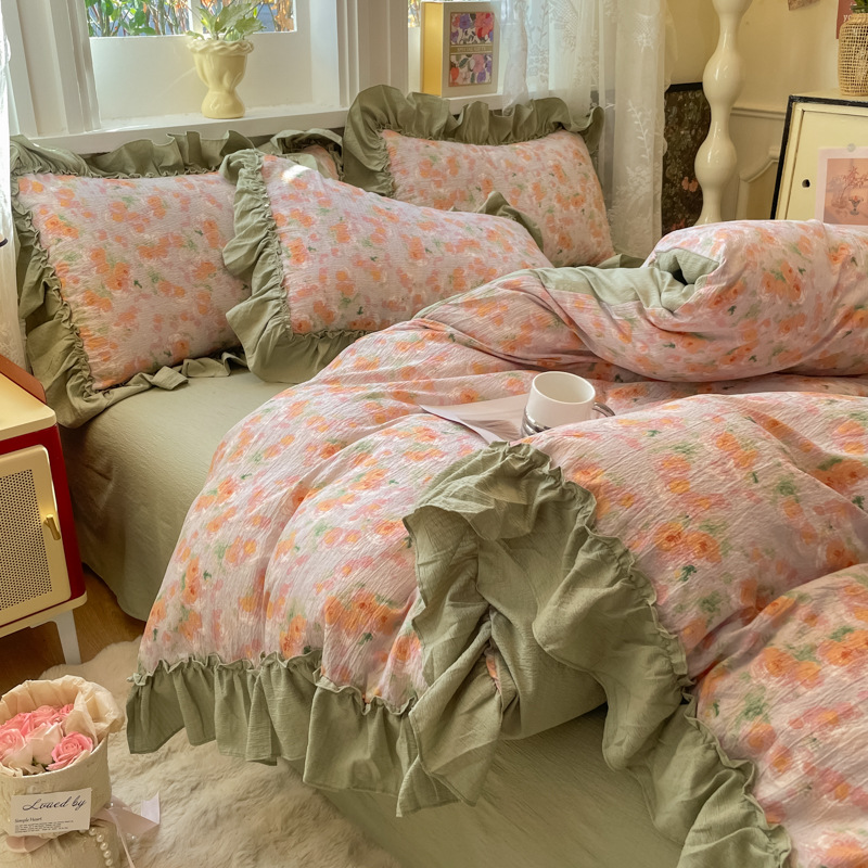 Nordic French Vintage Boho Floral Orange~French Retro Aesthetic Countryside Style Washed Double-Layer Gauze Lace Duvet Cover, Bed Sheet, And Fitted_voghion.com