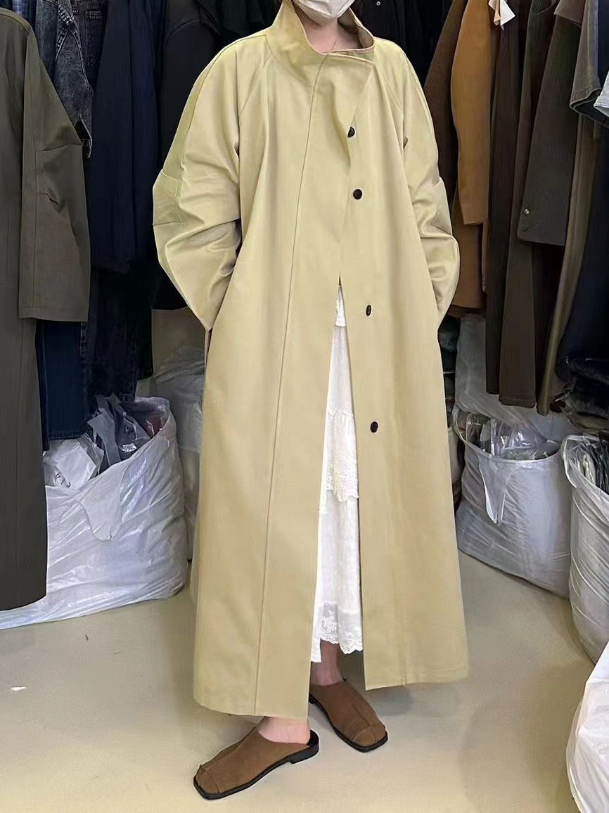 In-Stock 25 Autumn High-End Stylish Elegant Lazy Trench Coat Women's Gray Long Stand Collar Trench Coat