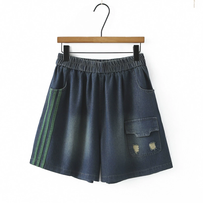 Джинсовые шорты больших размеров, женские брюки с эластичной резинкой на талии, рваные брюки в стиле ретро, ​​лето 2025, утягивающие джинсы для полных MM, 2506