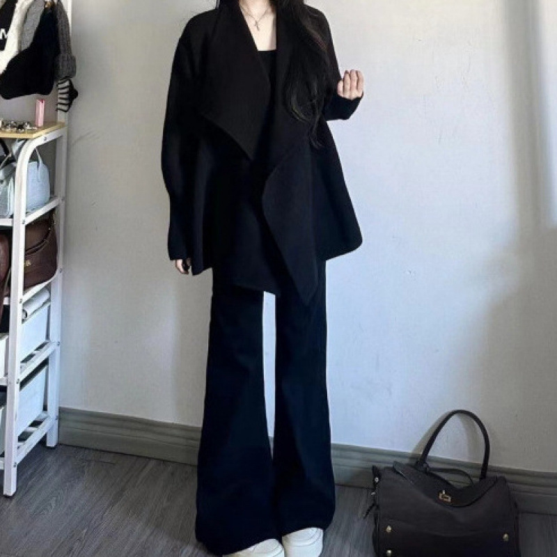 套装女2025春季韩系高级感收腰针织毛衣外套高腰显瘦阔腿裤两件套|undefined