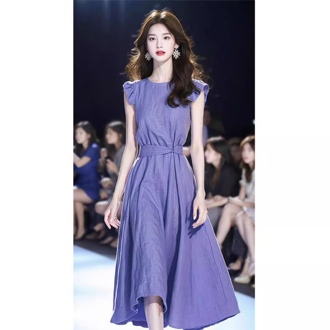 Đầm chữ A thắt eo dáng suông midi phong cách Pháp mùa hè — Màu tím