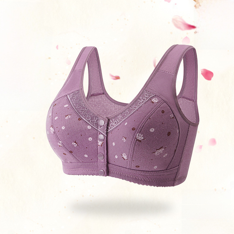 New printed front button underwear for women middle-aged and elderly bra soft cotton vest large size thin underwear for women