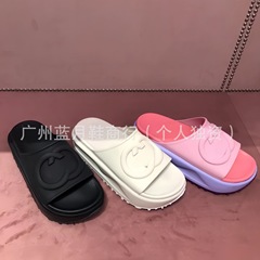 2025新型g家の厚い底のスリッパの女性の夏の外は滑り止めのマカロンの色のビスケットの底のアルファベットを着ます。