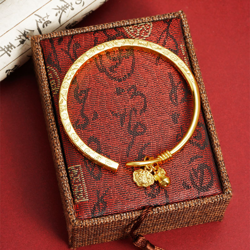 Guochao antiguo brazalete de oro Fasha patrón retro bloqueo de seguridad campana brilla abierta brazalete de estilo de corte joyas