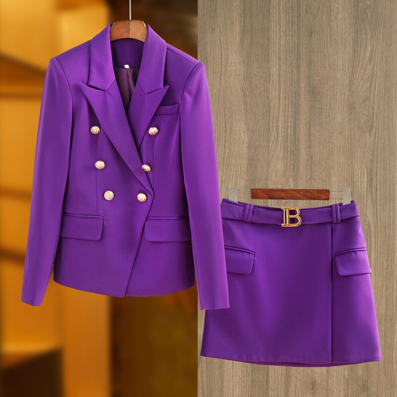 Spring and Autumn New Double-breasted Suit Jacket Belt Skirt Cross-border Fashion Two-piece Dress Set S-2XL Trendy