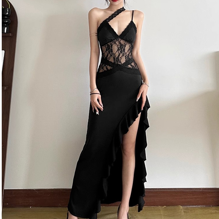 Pure Desire New Style Sexy Sister Style Black Lace Suspender Dress Women's Slit Ruffled Midi Skirt Pure Desire New Style Sexy Sister Style Black Lace Suspender Dress Women's Slit Ruffled Midi Skirt