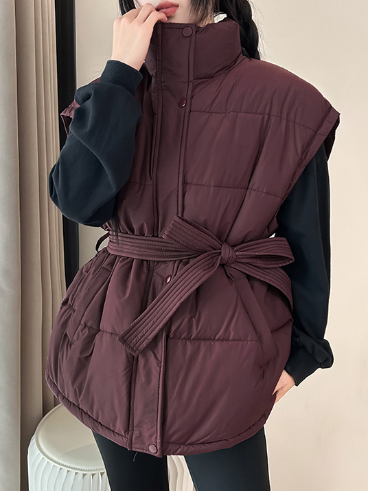 系带收腰棉服背心马甲女秋冬新款立领2025年韩版宽松加厚洋气外套|undefined