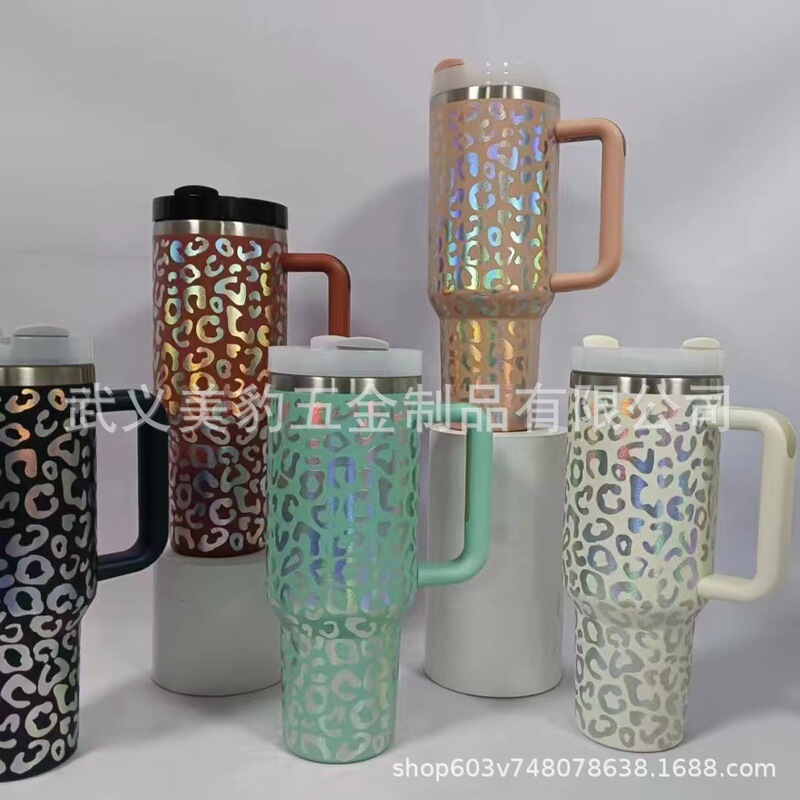 Factory direct leopard print water sticker 40oz handle Cup Car Cup vacuum insulation large capacity Car Cup with handle
