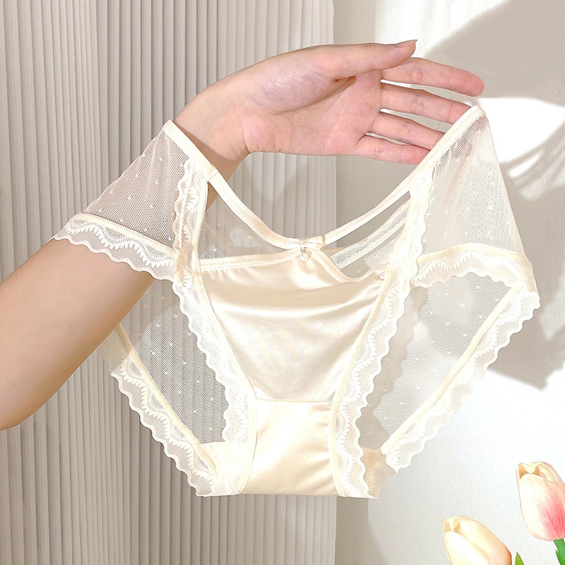 French style sexy translucent satin lace underwear women's low waist pure thin black seamless mesh briefs