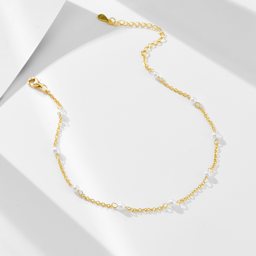 S925 plata de ley chapada en oro 14K perla con cuentas tobillera mujer europea y americana transfronteriza simple moda 3mm cuentas joyas para pies