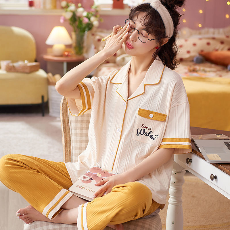 Pijamas de mujer de verano 100% algodón de manga corta pantalones de dos piezas conjunto de ropa de casa de las mujeres de primavera y otoño suelto se puede usar fuera