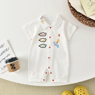 婴儿夏装短袖连体衣宝宝纯棉爬服可爱数字小熊哈衣男女童外出服