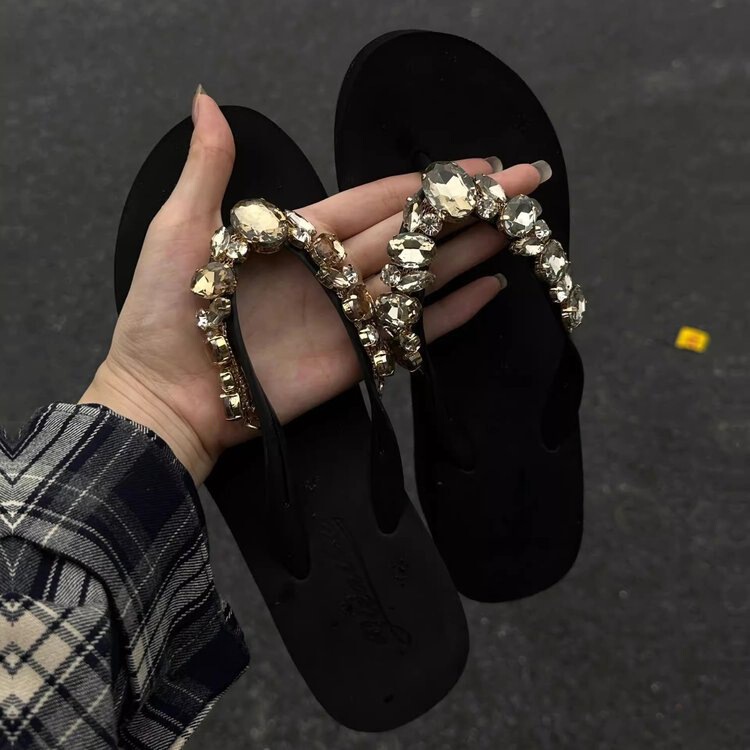 Rhinestone Flip-Flops for Women, Sparkling Clip-On Slippers for Summer, Non-Slip Flat Home Shoes, Sequined Beach Sandals
