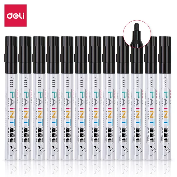 Deli S558 Paint Pen Is Waterproof and Does Not Fade, Metal Car Tire Tracing Black (12 Pieces/Box)
