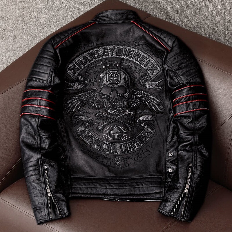 Embroidered logo jacket, pure top-layer cowhide leather jacket for men, motorcycle style, trendy motorcycle riding leather jacket Embroidered logo jacket, pure top-layer cowhide leather jacket for men, motorcycle style, trendy motorcycle riding leather jacket