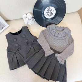 女童秋冬套装2025新款儿童韩版休闲女宝宝马甲翻领毛衣裙子三件套