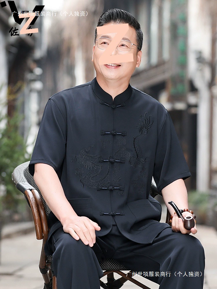 Мужской костюм Тан для мужчин среднего и старшего возраста, новый китайский стиль, летняя одежда, короткий рукав, летний костюм для папы, новый стиль 2025 года