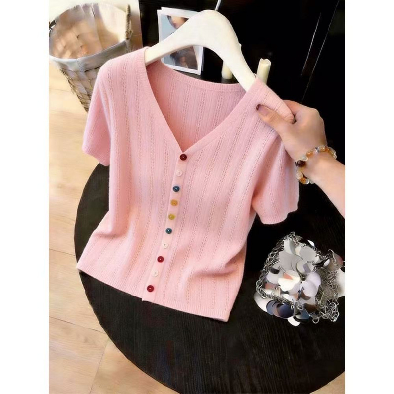 Women's Summer V Neck Hollow Short Sleeve T-Shirt Lightweight Slimming Knitted Cardigan Top New Style_ecoleips.com