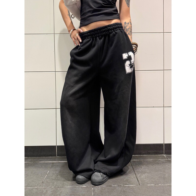 American Retro Blue Drawstring Design Printed Sports Sweatpants for Men and Women 2025 Spring and Autumn Wide-Leg Straight Long Pants