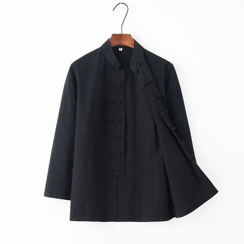 Primavera y otoño algodón y lino traje Tang top de manga larga para hombre traje de padre de mediana edad y anciano traje de Tai Chi chino camisa de fondo estilo chino retro chino image 3