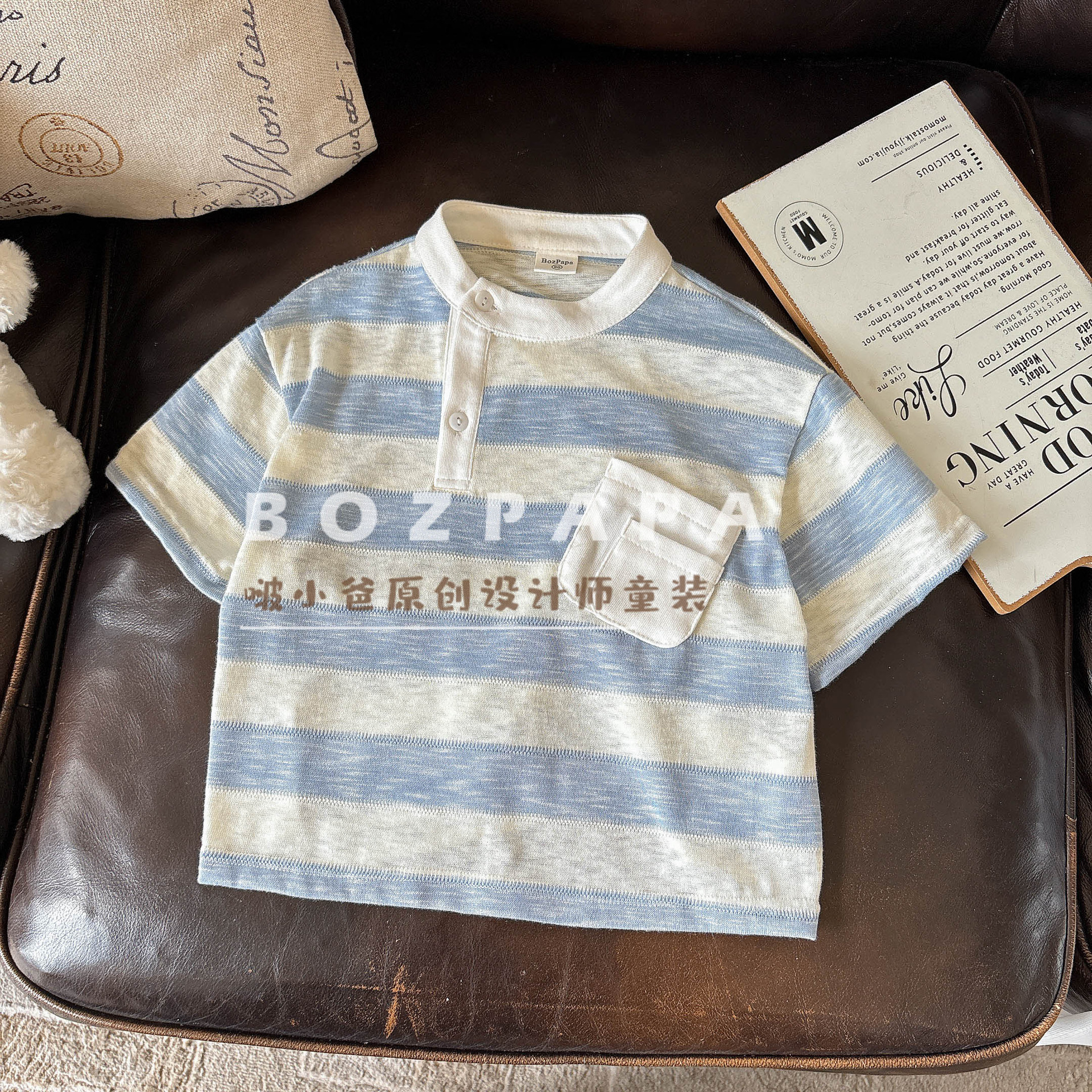 2025 Summer New Style Boys' Korean Style Casual Short-Sleeve Polo Shirt with Blue and White Stripes and Stylish Neckline