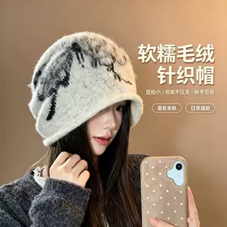 韩版复古蝴蝶印花堆堆帽女冬季防寒保暖护耳针织毛线帽子包头冷帽
