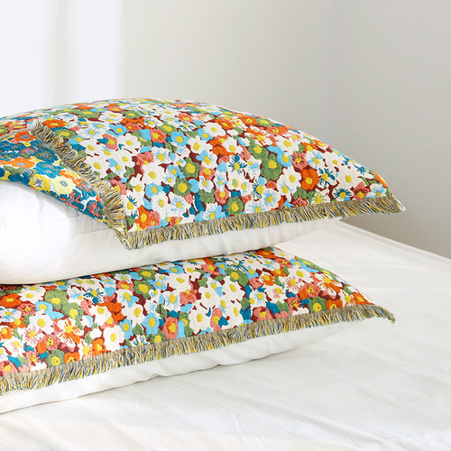 Pair of pure cotton thickened gauze tassel pillow cover floral couple European style pillow cover for students soft and skin-friendly for all seasons