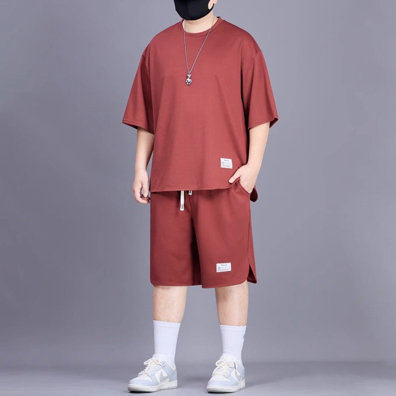 Summer Casual Sports Suit Men's Large Size Round Neck Top Short-Sleeved T-Shirt Drawstring Three-Quarter Shorts Two-Piece Trendy Set