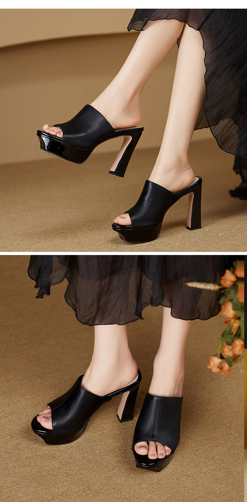 Sandal cao gót nữ quai ngang hở mũi gót 9 cm — đen chi tiết 11